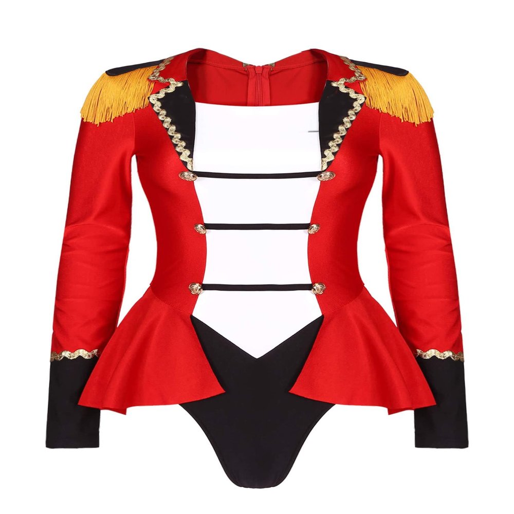 Aislor Women's Circus Ringmaster Cosplay Costume Long Sleeve Tassel Tuxedo Jacket Leotard Jumpsuit Bodysuit Red 3X-Large