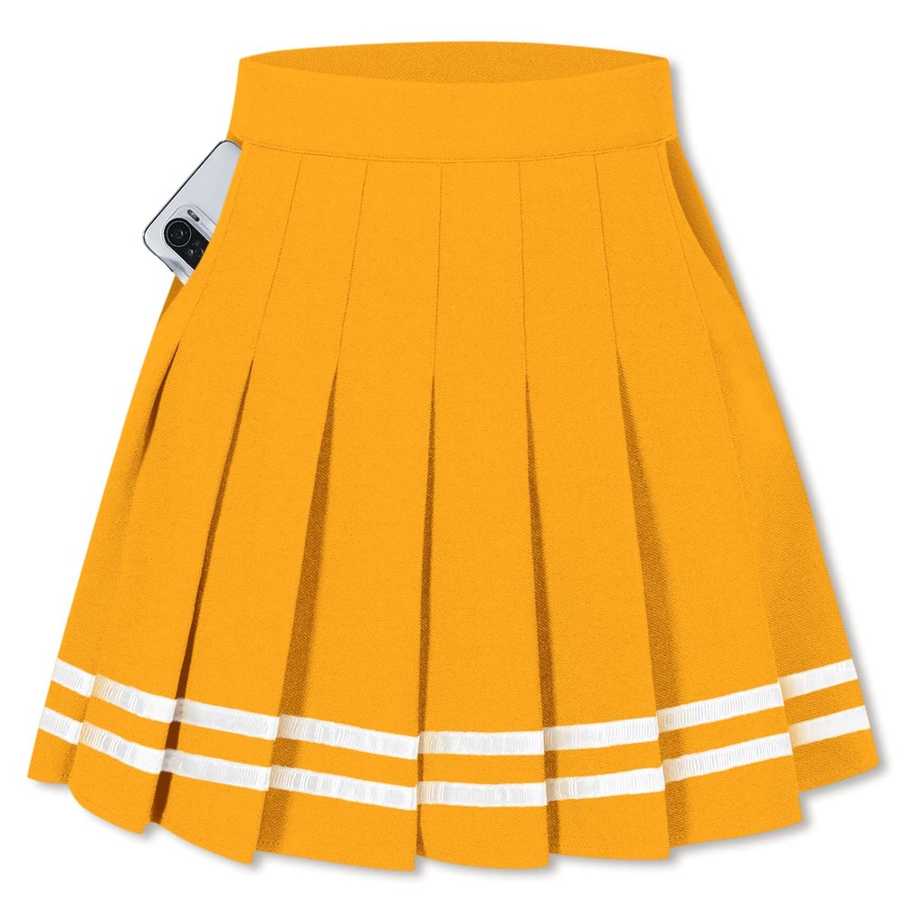 SANGTREE Toddler Little & Big Girls' Pleated Tennis Short A-Line Mini Skirt Junior Teen School Uniform, A# Gold Yellow with Stripe 2 Pockets, 10-11 Years