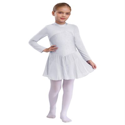 FEESHOW Youth Girls Shiny Rhinestones Mesh Long Sleeves Figure Ice Skating Ballet Dance Leotard Gymnastic Dress White 6 Years