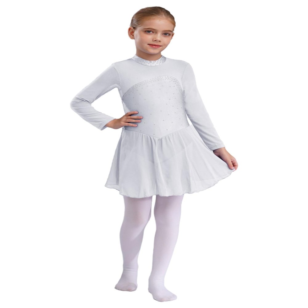 FEESHOW Youth Girls Shiny Rhinestones Mesh Long Sleeves Figure Ice Skating Ballet Dance Leotard Gymnastic Dress White 6 Years