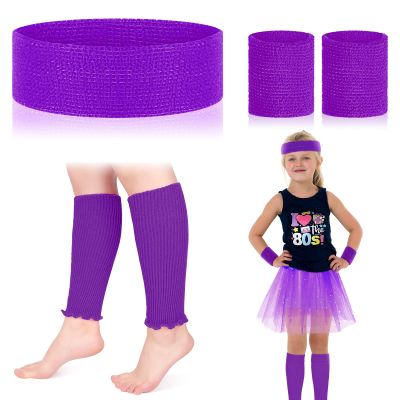Sintege 80s Leg Warmer for Kid Girl Neon Leg Warmer Headband Wristband 1980s Fancy Accessory for Cosplay Party(Purple)