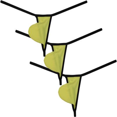 Botmois Men's Ice Silk Mini Bikini Tangas Soft String Thong Underwear Pouch T-back Minimal Coverage Underpants 3-Pack(Light Yellow) L