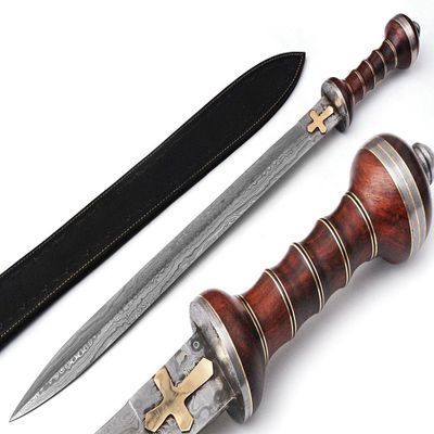 Handmade Damascus Steel Double Edge Roman Gladius Sword, Greek Sword, Sword Art Online, with Leather Sheath