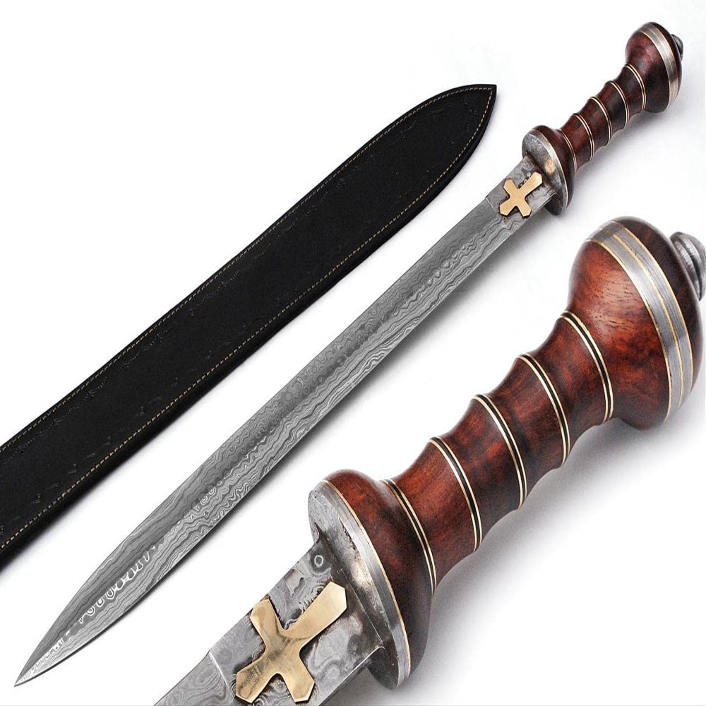 Handmade Damascus Steel Double Edge Roman Gladius Sword, Greek Sword, Sword Art Online, with Leather Sheath