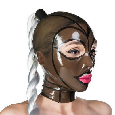 Yilen Latex Hood Mask Holiday Rubber Full Face with Ponytail Wigs Latex Mask (M, Transparent black-wigs)