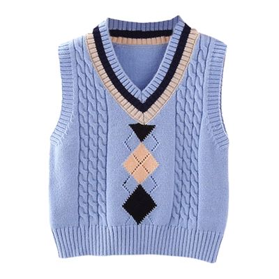 Loloda Little Boys Girls Sweater Vest Argyle Print Tops Knit Vest Toddler Pullovers Tops School Uniform Blue 3-4 Years