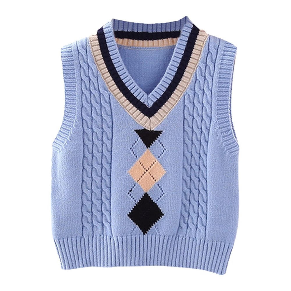 Loloda Little Boys Girls Sweater Vest Argyle Print Tops Knit Vest Toddler Pullovers Tops School Uniform Blue 3-4 Years
