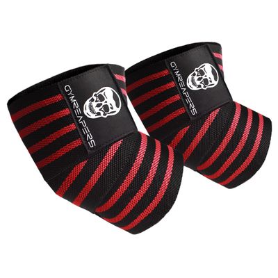 Gymreapers Weightlifting Elbow Wraps (1 Pair) - Flexible 40'' Elbow Compression Strap & Joint Support Brace - For Bench Press, Powerlifting, and Pressing (Red)