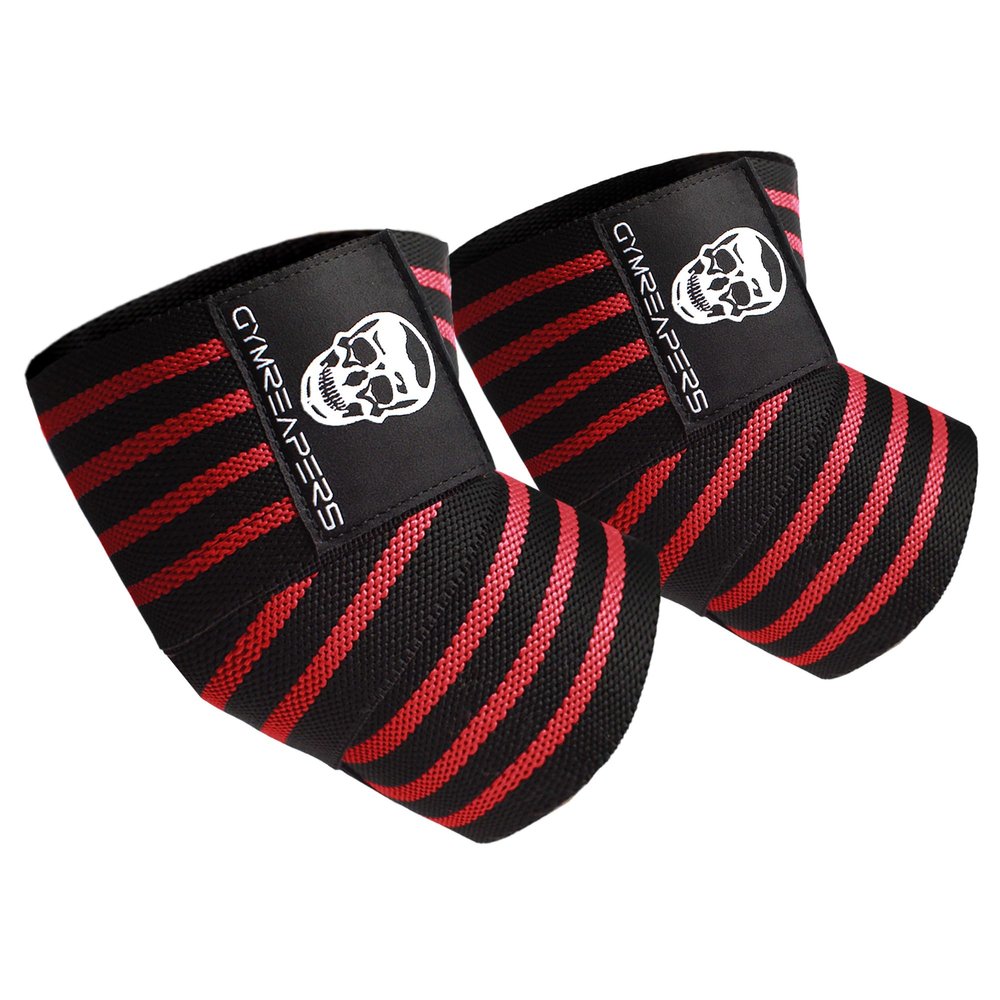 Gymreapers Weightlifting Elbow Wraps (1 Pair) - Flexible 40'' Elbow Compression Strap & Joint Support Brace - For Bench Press, Powerlifting, and Pressing (Red)