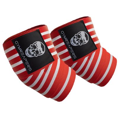 Gymreapers Weightlifting Elbow Wraps (1 Pair) - Flexible 40'' Elbow Compression Strap & Joint Support Brace - For Bench Press, Powerlifting, and Pressing (Red/White)