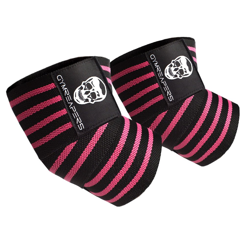 Gymreapers Weightlifting Elbow Wraps (1 Pair) - Flexible 40'' Elbow Compression Strap & Joint Support Brace - For Bench Press, Powerlifting, and Pressing (Pink)