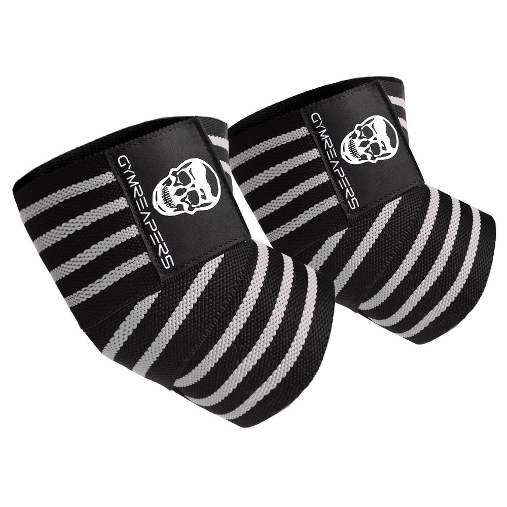 Gymreapers Weightlifting Elbow Wraps (1 Pair) - Flexible 40'' Elbow Compression Strap & Joint Support Brace - For Bench Press, Powerlifting, and Pressing (White)
