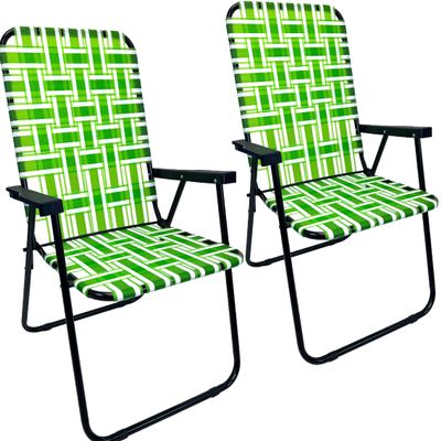 Lawn Chair Folding Steel Webbing Chaise Patio Lounger Seat Wood Handles Great for Camping, Beach, Fishing, Backyard, Stadium, Pool, Boating, and Sports 2 Pack Green