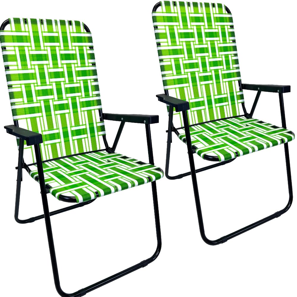 Lawn Chair Folding Steel Webbing Chaise Patio Lounger Seat Wood Handles Great for Camping, Beach, Fishing, Backyard, Stadium, Pool, Boating, and Sports 2 Pack Green