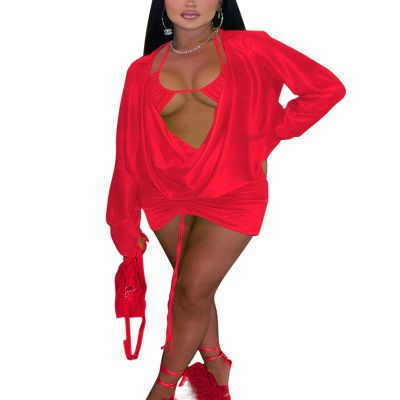 2 Piece Outfits for Women Satin Bodycon Mini Dress Sexy Club Outfits Two Piece Skirt Set V Neck Top Night Out Long Sleeve Dress with Bra Red M