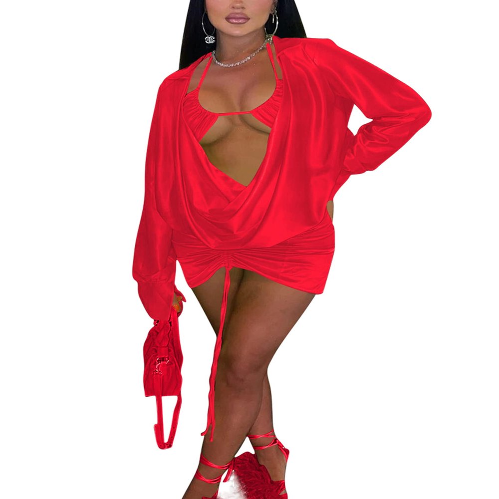 2 Piece Outfits for Women Satin Bodycon Mini Dress Sexy Club Outfits Two Piece Skirt Set V Neck Top Night Out Long Sleeve Dress with Bra Red M