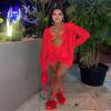 2 Piece Outfits for Women Satin Bodycon Mini Dress Sexy Club Outfits Two Piece Skirt Set V Neck Top Night Out Long Sleeve Dress with Bra Red M view 2
