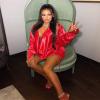 2 Piece Outfits for Women Satin Bodycon Mini Dress Sexy Club Outfits Two Piece Skirt Set V Neck Top Night Out Long Sleeve Dress with Bra Red M view 3