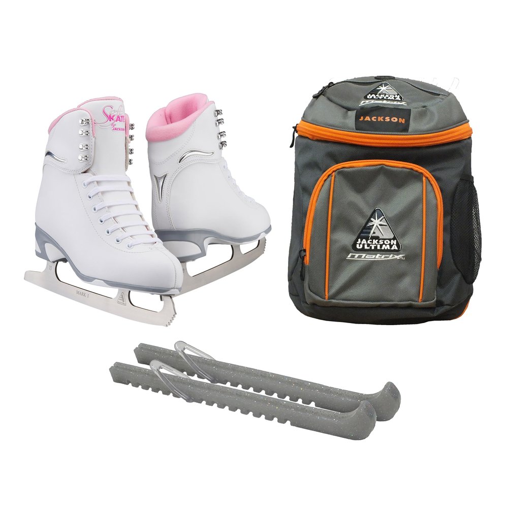 Jackson Ultima Finesse JS181 Figure Ice Skates for Women Bundle with Guardog Skate Guards, Jackson Skate Backpack/Skates Color: Pink/Width: Medium/Size: Youth 1 (Kid's)