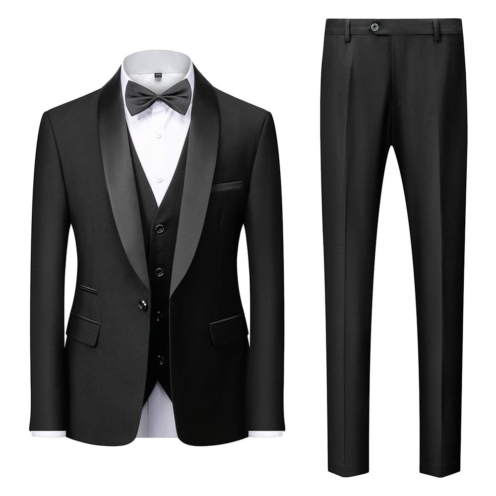 Men's Slim Fit 3 Piece Suit Single Breasted Jacket Blazer Vest Pants Set Wedding Prom Shawl Lapel Tuxedo Suits (Black,Small)