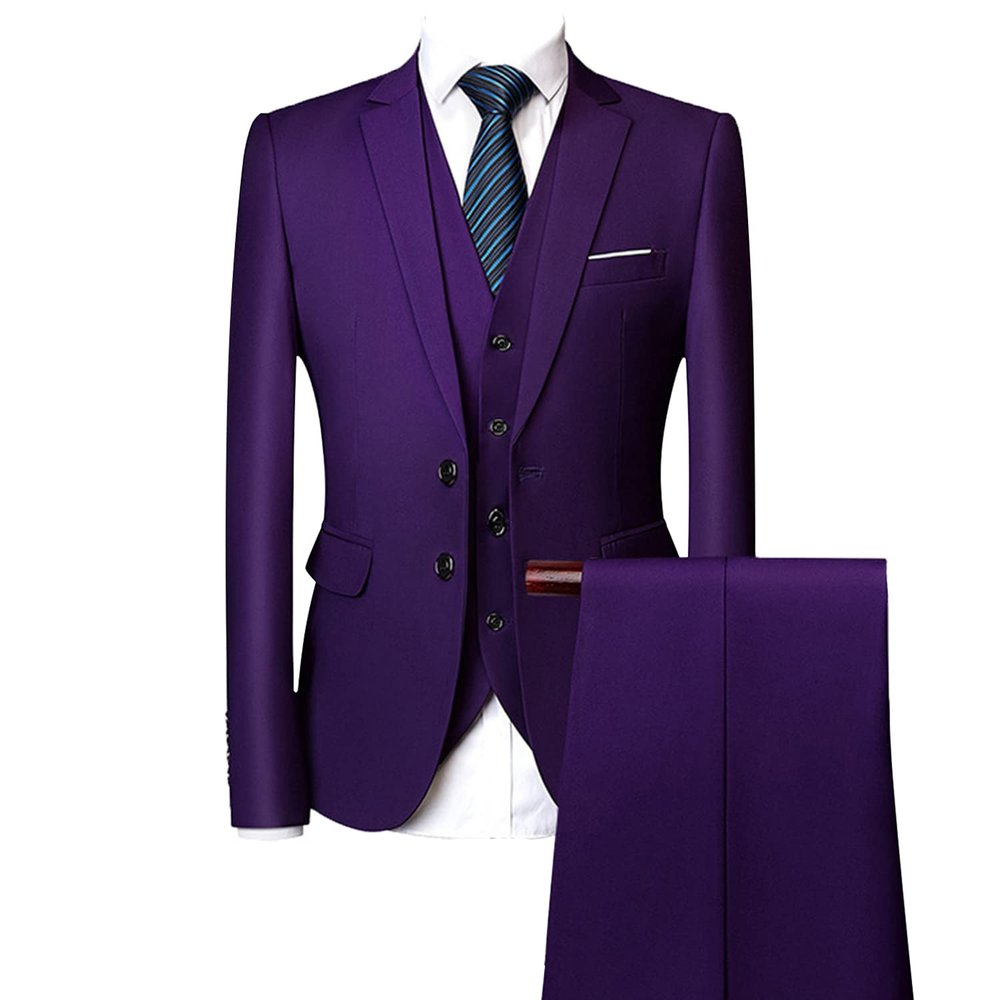 Men's Regular Fit 3 Piece Suit Set Two Button Solid Business Blazer Vest Pants Casual Slim Fit Groomsmen Wedding Suits (Purple,XX-Large)