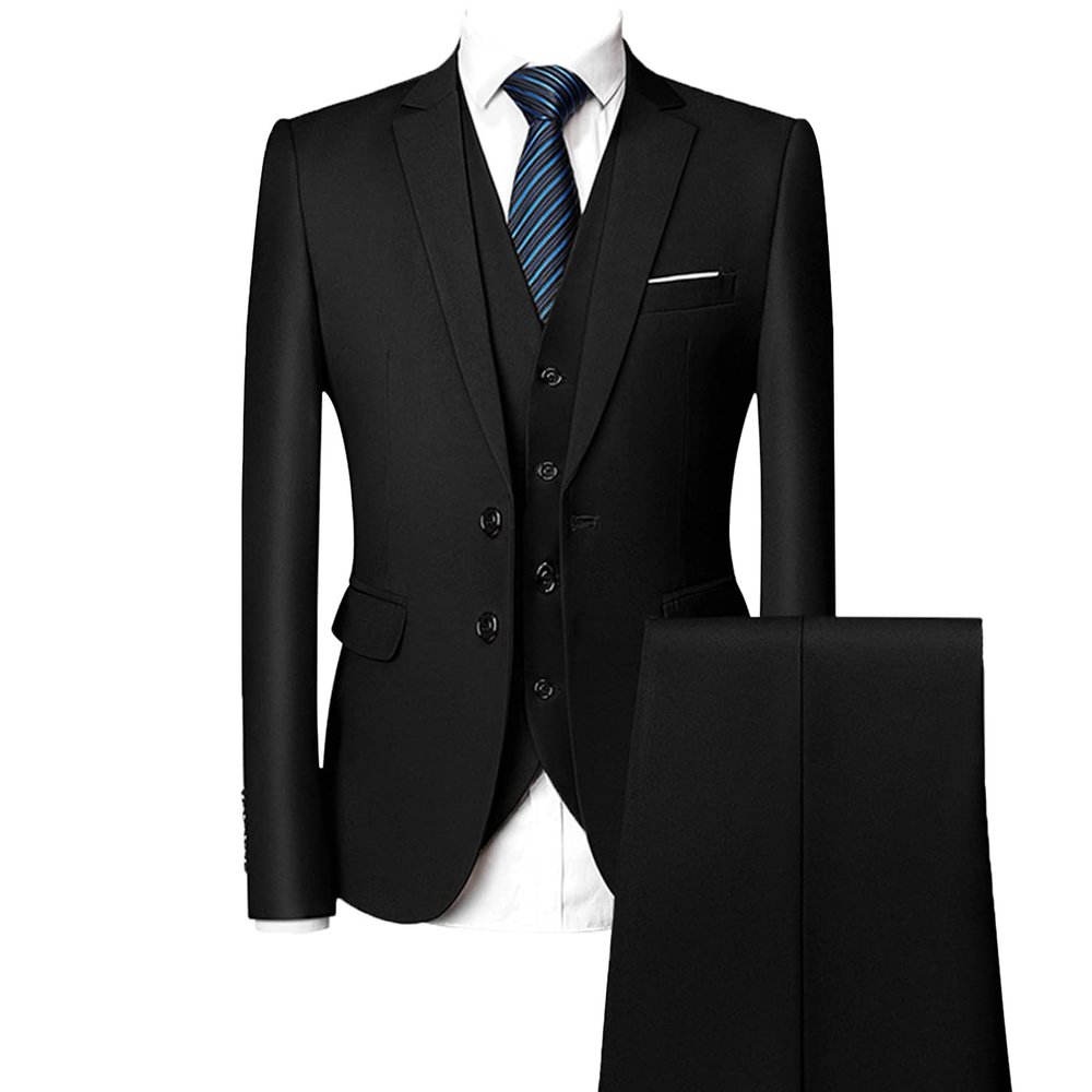 Men's Regular Fit 3 Piece Suit Set Two Button Solid Business Blazer Vest Pants Casual Slim Fit Groomsmen Wedding Suits (Black,Medium)