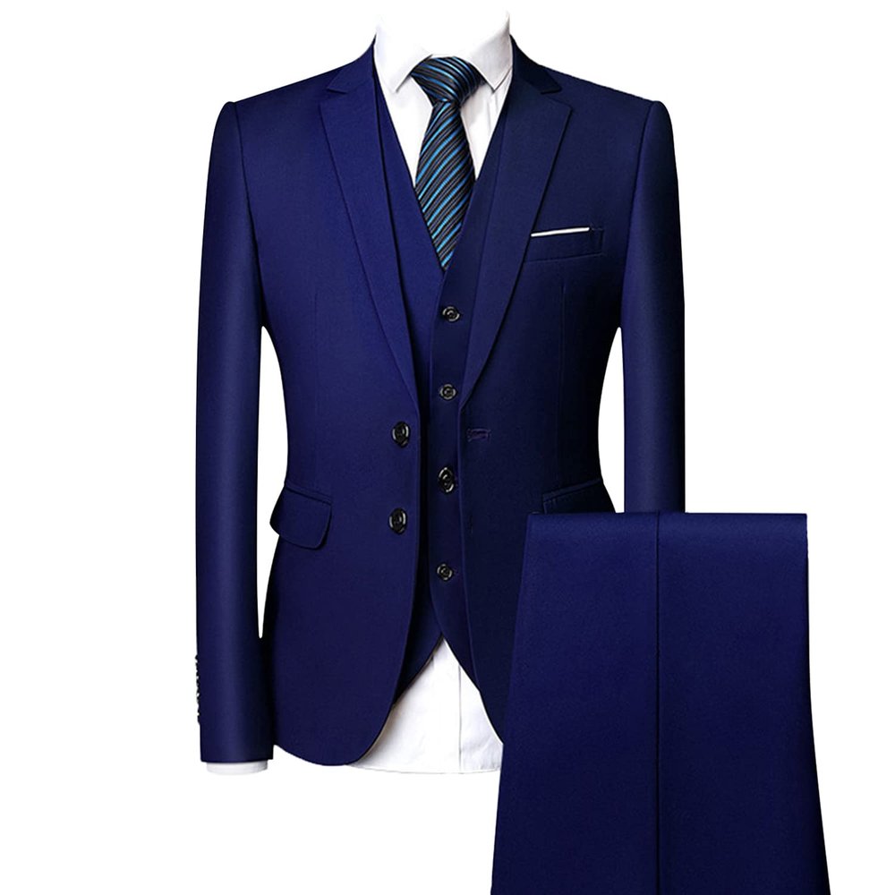 Maiyifu-GJ Men's Regular Fit 3 Piece Suit Set Two Button Solid Business Blazer Vest Pants Casual Slim Fit Groomsmen Wedding Suits (Dark Blue,Medium)