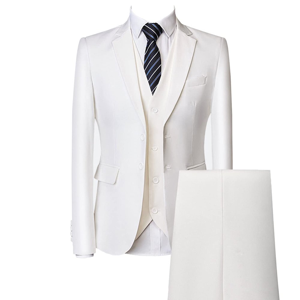 Men's Regular Fit 3 Piece Suit Set Two Button Solid Business Blazer Vest Pants Casual Slim Fit Groomsmen Wedding Suits (White,XX-Large)