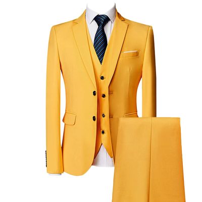 Men's Regular Fit 3 Piece Suit Set Two Button Solid Business Blazer Vest Pants Casual Slim Fit Groomsmen Wedding Suits (Yellow,3X-Large)