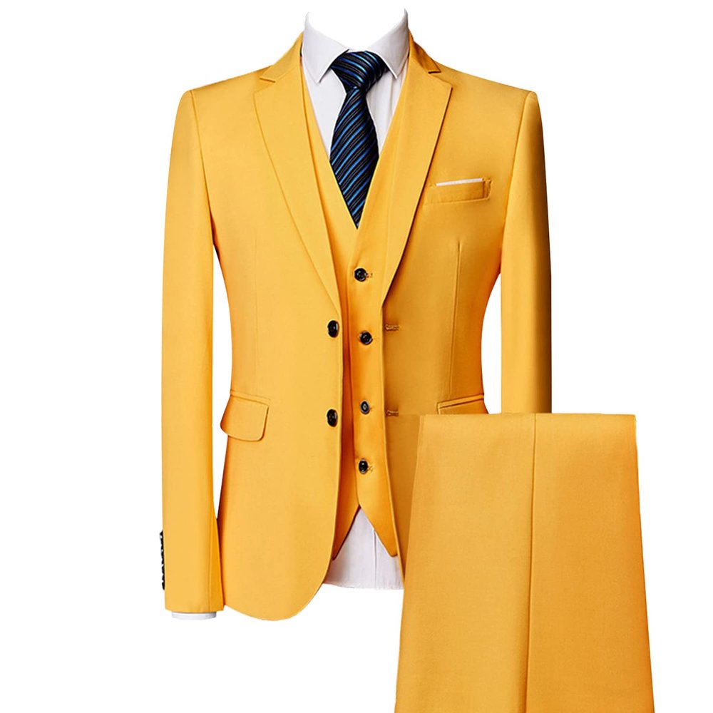 Men's Regular Fit 3 Piece Suit Set Two Button Solid Business Blazer Vest Pants Casual Slim Fit Groomsmen Wedding Suits (Yellow,3X-Large)