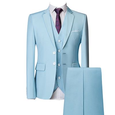Men's Regular Fit 3 Piece Suit Set Two Button Solid Business Blazer Vest Pants Casual Slim Fit Groomsmen Wedding Suits (Light Blue,Large)