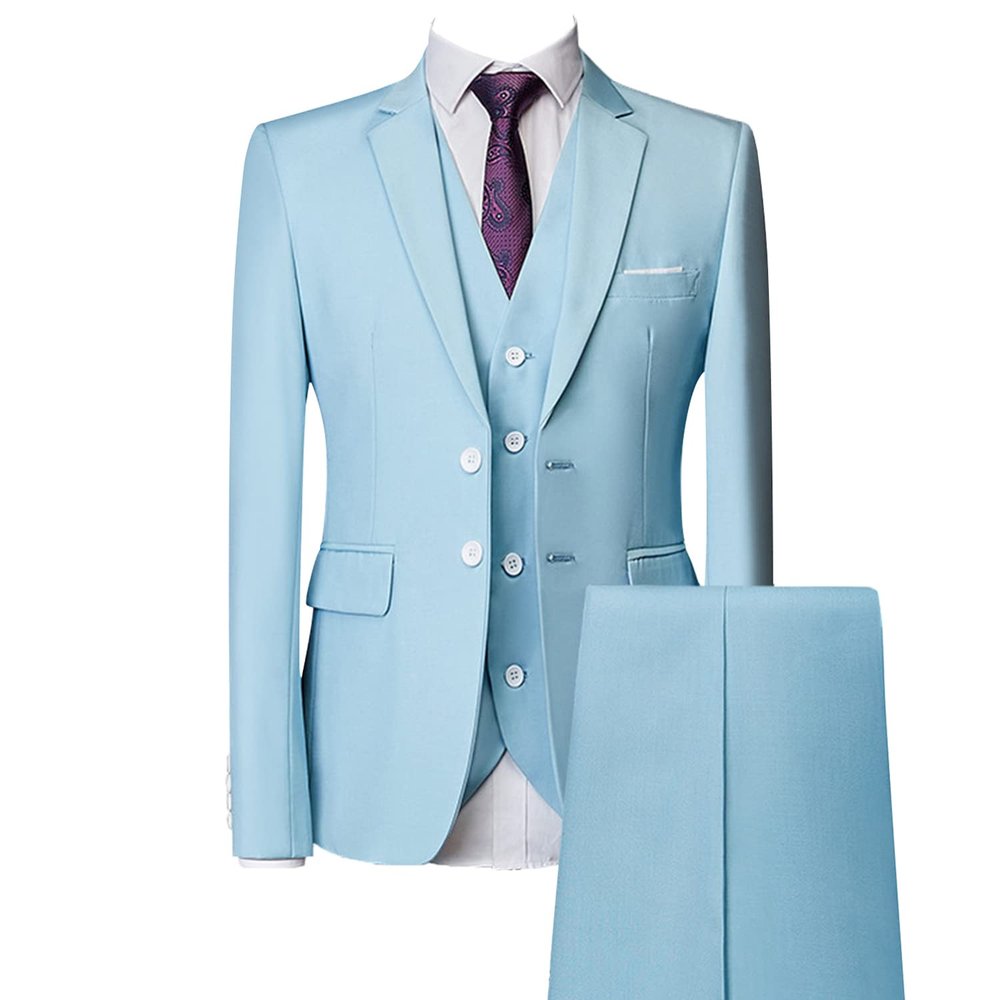 Men's Regular Fit 3 Piece Suit Set Two Button Solid Business Blazer Vest Pants Casual Slim Fit Groomsmen Wedding Suits (Light Blue,Large)