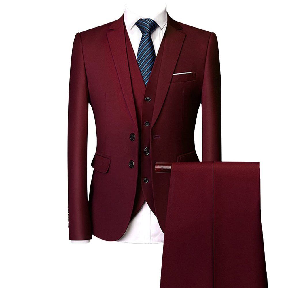 Men's Regular Fit 3 Piece Suit Set Two Button Solid Business Blazer Vest Pants Casual Slim Fit Groomsmen Wedding Suits (Dark Red,Small)