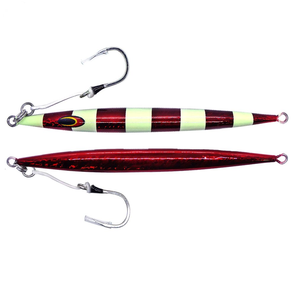 2pcs Fish WOW! 200g Fast Fall jig 7oz Vertical Streaker High Pitch Speed Drop Jig with BKK deep Jigging Hook Red Glow Stripes