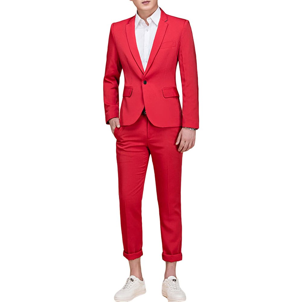 Men's Slim Fit 2 Pieces Suit One Button Solid Formal Blazer & Pants Single Breasted Prom Wedding Tuxedo Set (Red,Medium)