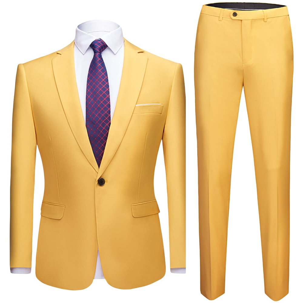 Men's One Button 2 Piece Suits Solid Formal Wedding Tux Blazer & Pants Casual Daily Party Dress Suit Jacket Set (Yellow,3X-Large)