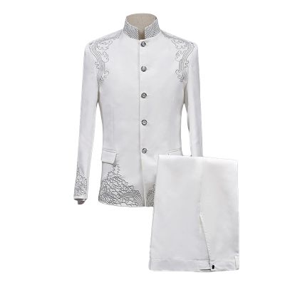 Maiyifu-GJ Men's Chinese Tunic Suit 2 Piece Vintage Mandarin Collar Blazer Pant Set Traditional Luxury Formal Suit Sets (White,3X-Large)