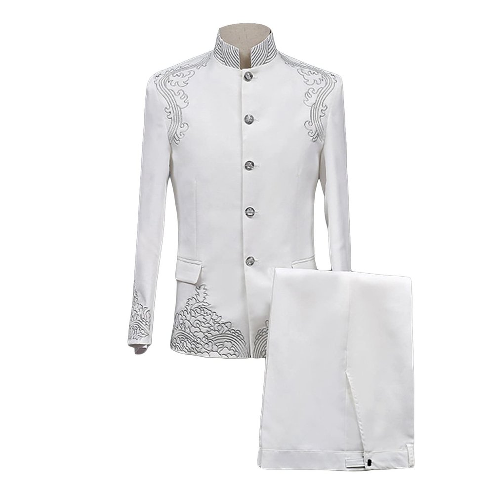 Maiyifu-GJ Men's Chinese Tunic Suit 2 Piece Vintage Mandarin Collar Blazer Pant Set Traditional Luxury Formal Suit Sets (White,3X-Large)