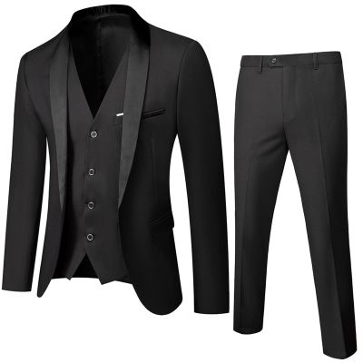 Men Shawl Lapel 3 Piece Tuxedo Suit Slim Fit One Button Jacket Vest & Pant Set Business Wedding Dinner Blazer Set (Black,4X-Large)
