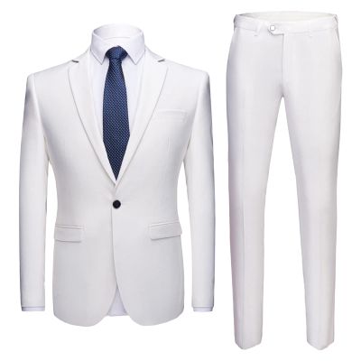 Men's One Button 2 Piece Suits Solid Formal Wedding Tux Blazer & Pants Casual Daily Party Dress Suit Jacket Set (White,Small)