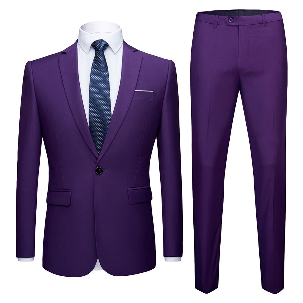 Maiyifu-GJ Men's One Button 2 Piece Suits Solid Formal Wedding Tux Blazer & Pants Casual Daily Party Dress Suit Jacket Set (Purple 1,Small)