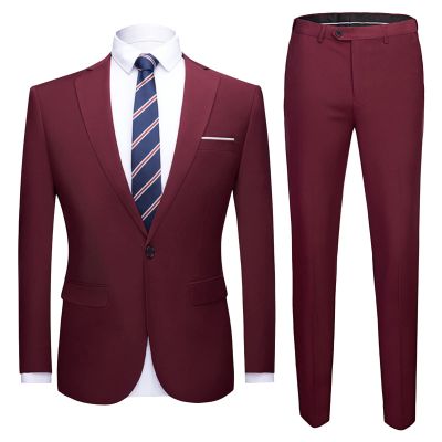 Men's One Button 2 Piece Suits Solid Formal Wedding Tux Blazer & Pants Casual Daily Party Dress Suit Jacket Set (Red Wine,Large)