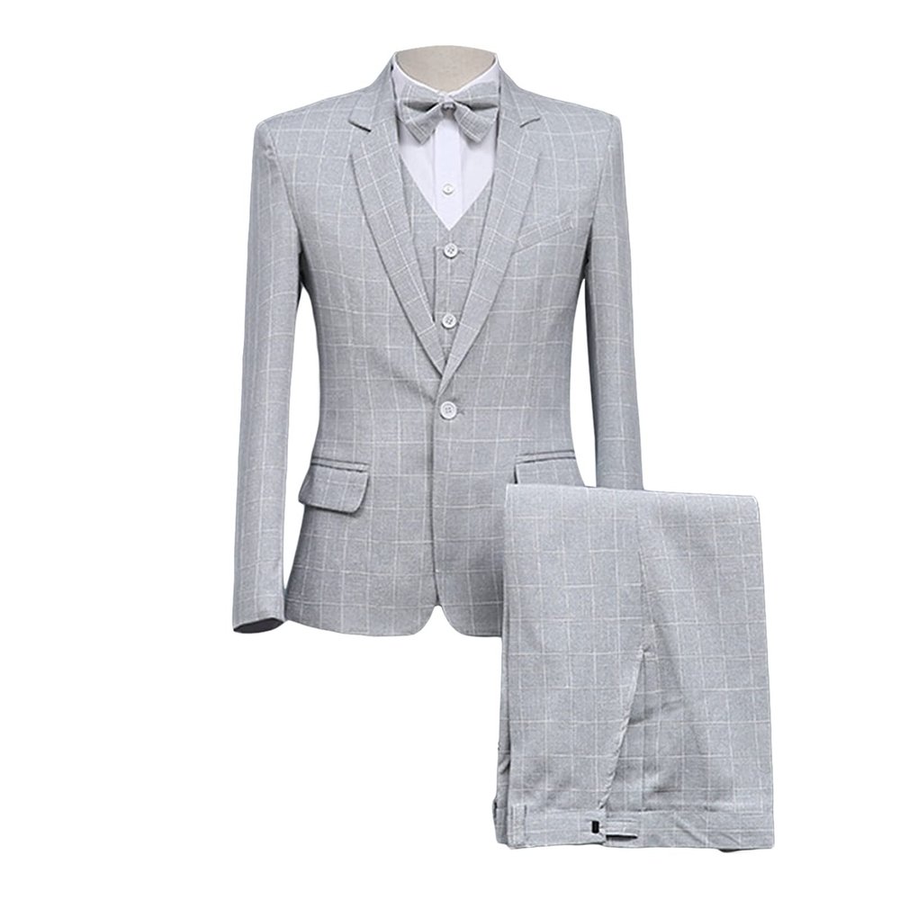 Mens Plaid 2 Pieces Tuxedo Suit Checked Single Breasted One Button Blazer Set Slim Fit Formal Jacket Vest & Pants (Grey 1,Medium)