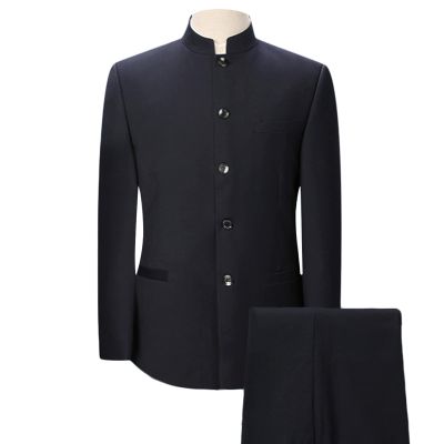 Men Chinese Tunic Suit 2 Piece Vintage Mandarin Collar Blazer Pant Set Traditional Formal Business Suit Set (Dark Blue,Medium)