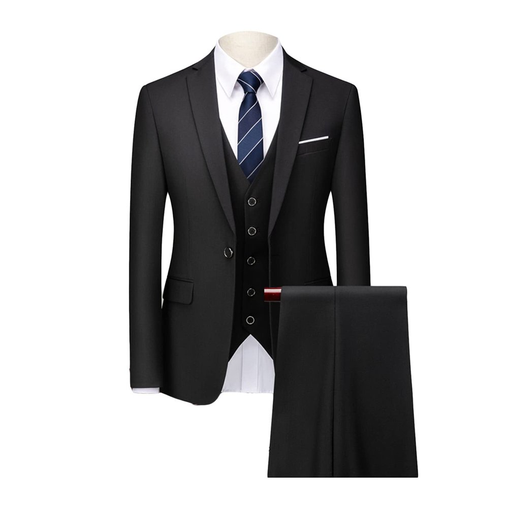 Maiyifu-GJ Men's 3 Piece Solid Color Suit Set Single Breasted Slim Fit Jacket Vest Pants Business Wedding Prom Blazer Sets (Black 1,Small)