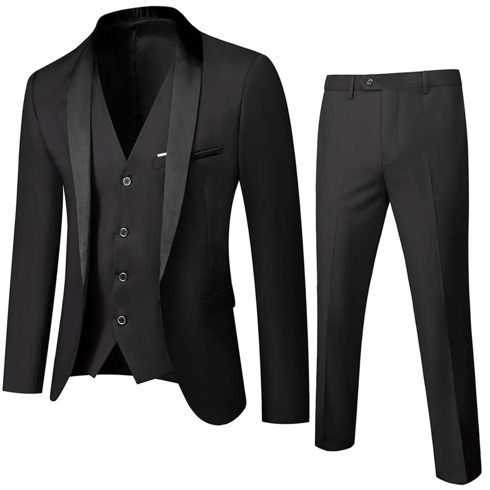 Men Shawl Lapel 3 Piece Tuxedo Suit Slim Fit One Button Jacket Vest & Pant Set Business Wedding Dinner Blazer Set (Black,6X-Large)