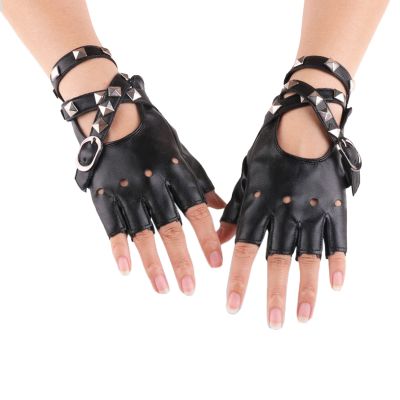 aoozleny Women Girls Fingerless Gloves,PU Leather Biker Punk Gloves with Belt Up Closure and Rivet Design (Black)