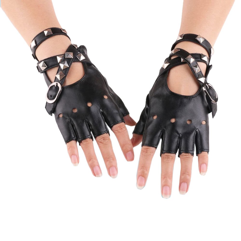 aoozleny Women Girls Fingerless Gloves,PU Leather Biker Punk Gloves with Belt Up Closure and Rivet Design (Black)