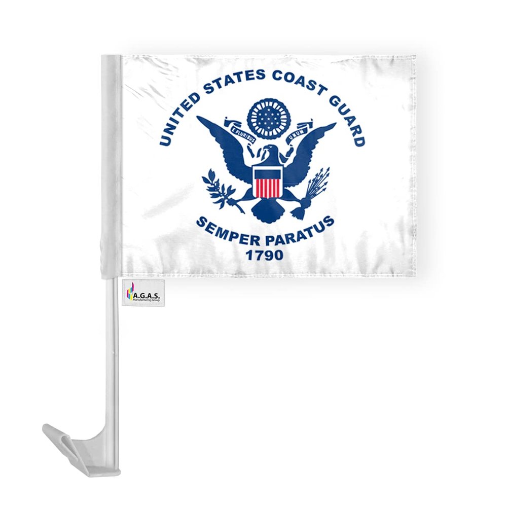 AGAS 12x16 inch US Coast Guard Military Car Flag - Attached to 17 inch White Plastic Flex Pole- Single Sided Print on Polyester Fabric- Stitched Edges- with a Window Plastic Clip- Tear and Water Resistant- Perfect for displaying on your Car. (US Coas