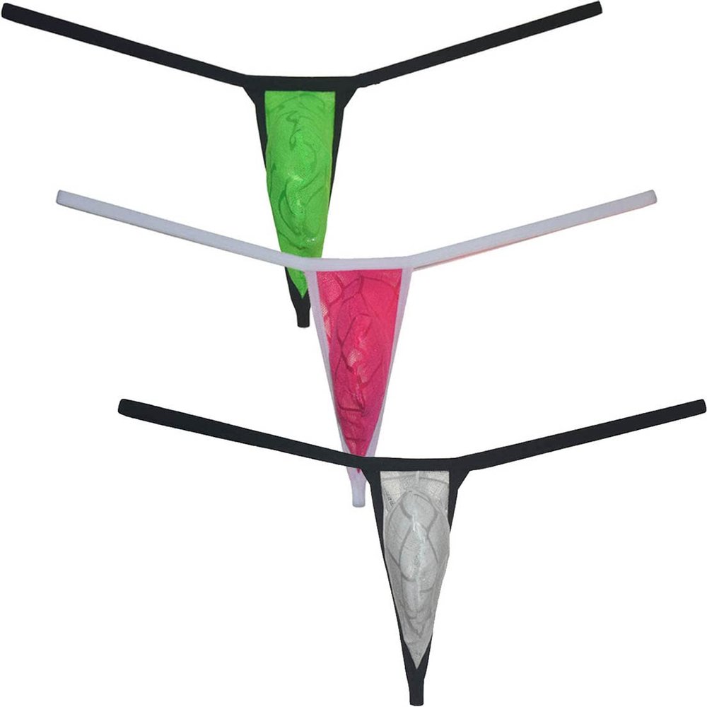 Botmois Men's See-through Bikini Tangas Light Lace String Thong Underwear Pouch T-back Minimal Coverage Male Underpants 3-Pack(Light Green,Pink,White) M